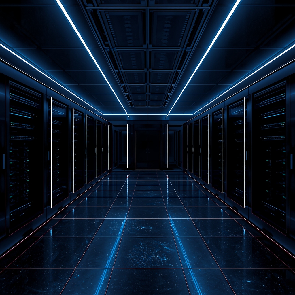 quantum computing data server room dark space concept art neon cyan lighting no human